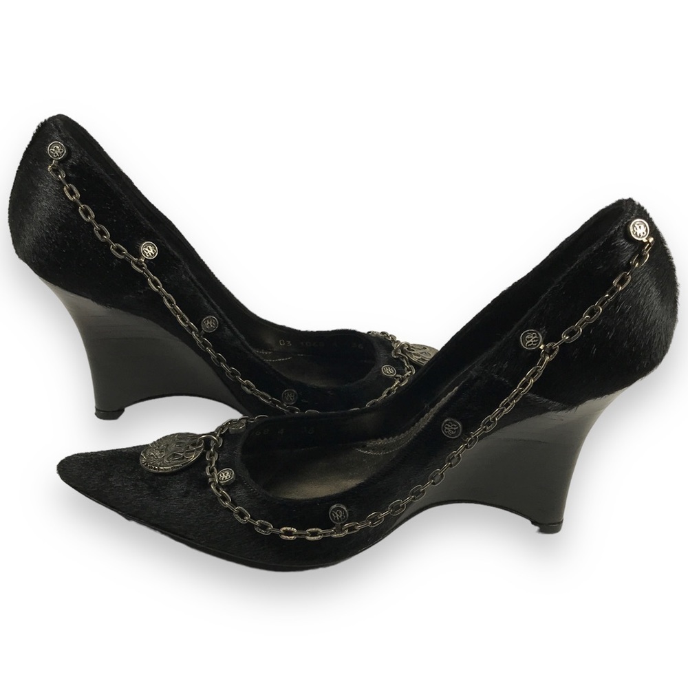 Rock & Republic Pointed Toe Fur Wrap Around Chained Logo Wedge Black Size EU 36 - Picture 11 of 15